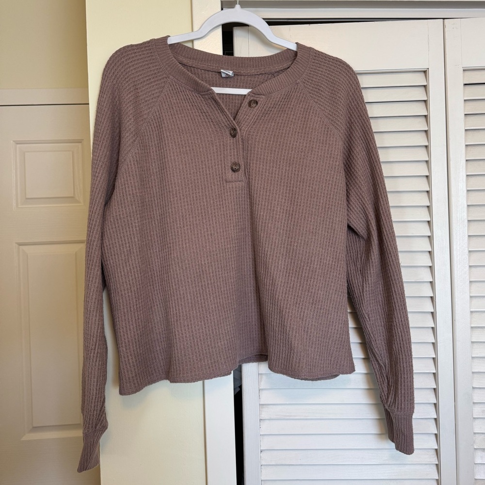 Women's Brown Button-Up Waffle Top